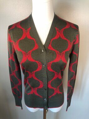 Sophie Theallet 100% Silk V Neck Button Front Olive & Red Geometric Cardigan M